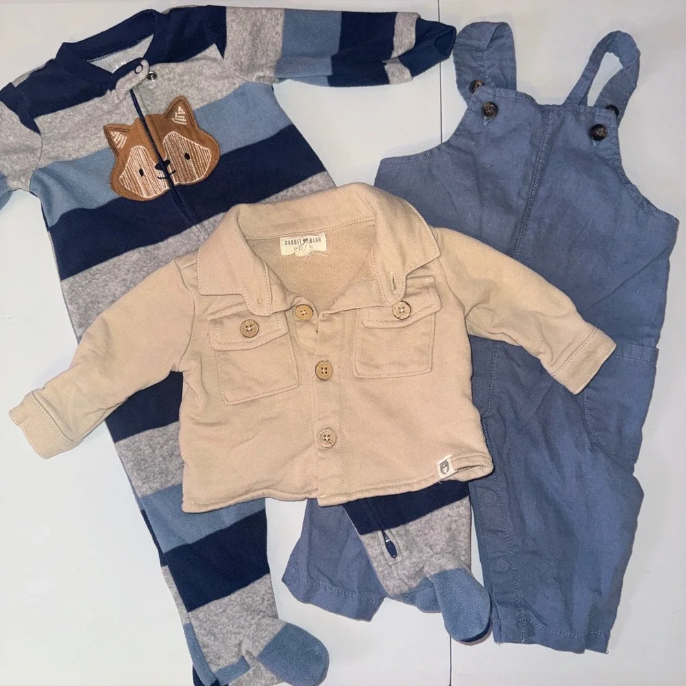 Child of Mine Rabbit Bear Baby Boy Bundle 3-6M Fleece Romper Jacket Overalls